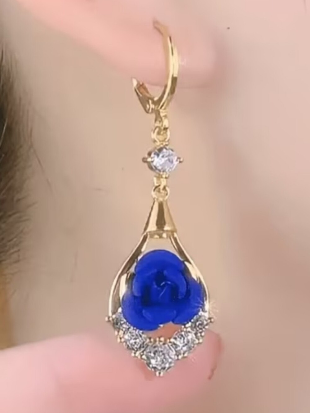 Artisan Gold Floral Drop Earrings with Royal Blue Rose and Clear Stones